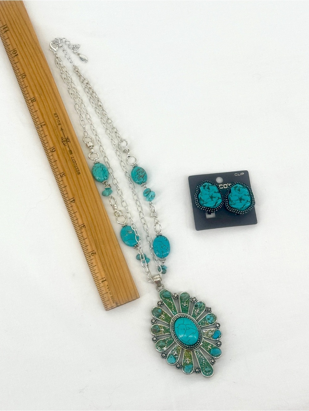 Turquoise Medallion Statement Necklace and Clip-On Earrings Set Western Native